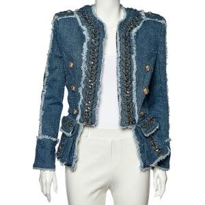 Pre Owned Balmain Blue Boucle Denim Chain Lace Up Detail Open Front Jacket M