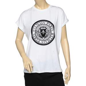 Pre Owned Balmain White Cotton Flocked Logo Detail T-Shirt M