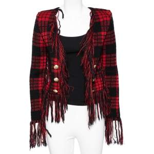 Pre Owned Balmain Red & Black Checkered Tweed Fringed Open Front Blazer S