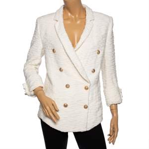 Pre Owned Balmain White Tweed Double Breasted Blazer M