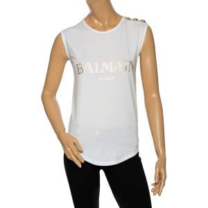 Balmain White Logo Printed Cotton Sleeveless Top S