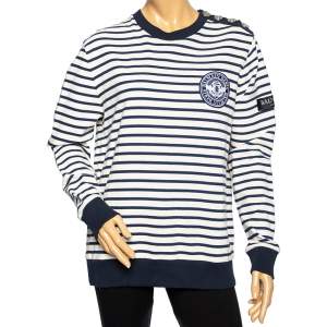 Pre Owned Balmain White & Blue Striped Logo Patch Detailed Long Sleeve Sweatshirt L