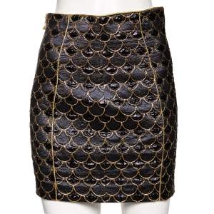Balmain Black & Gold Scale Patterned Lurex Silk Mini Skirt M
