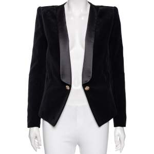 Pre Owned Balmain Black Jacquard Velvet & Satin Lapel Detail Open Front Blazer L