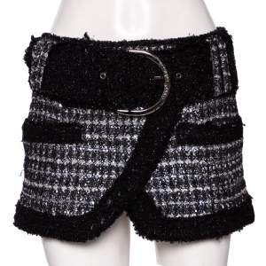 Pre Owned Balmain Monochrome Lurex Tweed Belted Mini Skirt S