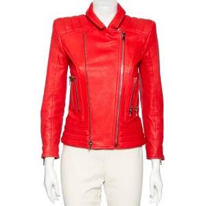 Pre Owned Balmain Red Leather Biker Jacket M