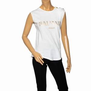 Pre Owned Balmain White Logo Printed Cotton Sleeveless Top M