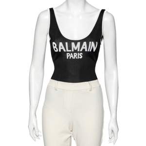Pre Owned Balmain Black Knit Logo Printed Sleeveless Bodysuit S 