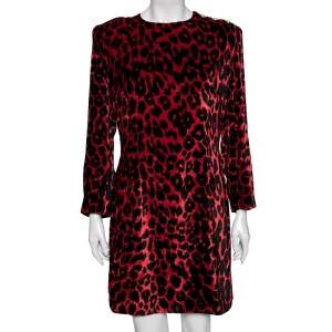 Pre Owned Balmain Red & Black Leopard Print Velvet Mini Dress L