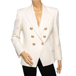 Pre Owned Balmain Cream Wool Double Breasted Blazer XL
