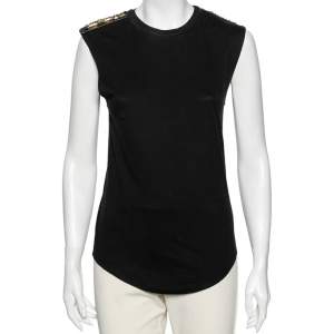 Balmain Black Cotton Metal & Leather Shoulder Trim Sleeveless T-Shirt S 