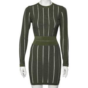 Pre Owned Balmain Dark Green Sheer Striped Textured Knit Sheath Dress S