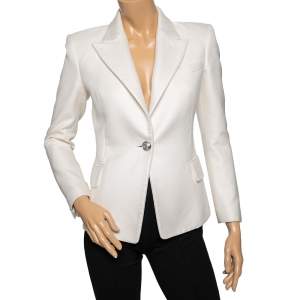 Pre Owned Balmain Off White Textured Cotton & Silk Single Breasted Blazer M