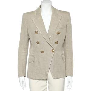 Pre Owned Balmain Cream Linen Double Breasted Blazer M