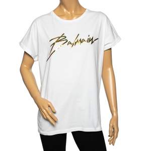 Pre Owned Balmain White Foil Logo Printed Cotton T-Shirt L