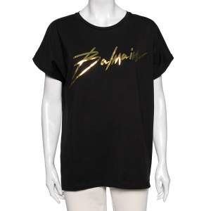 Pre Owned Balmain Black Cotton Foil Logo Top L
