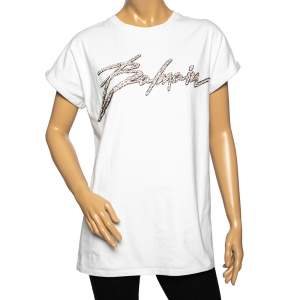 Pre Owned Balmain White Cotton Crystal Embellished Logo Top S