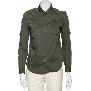 Pre Owned Balmain Dark Green Cotton Distressed Embellished Button Front Military Shirt M