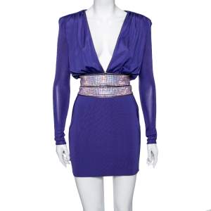 Pre Owned Balmain Purple Jersey Embellished Waist Short Dress S