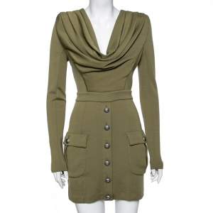 Pre Owned Balmain Green Wool Drape Button Front Long Sleeve Midi Dress S