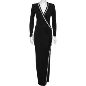 Pre Owned Balmain Black Jersey Crystal Embellished Slit Detailed Maxi Dress M