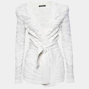 Balmain White Zebra Textured Knit Belted Wrap Cardigan M