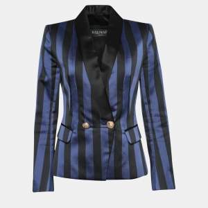 Pre Owned Balmain Blue & Black Striped Satin Blazer M