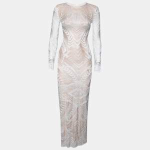 Pre Owned Balmain White Geometric Open Knit Long Sleeve Fitted Dress S