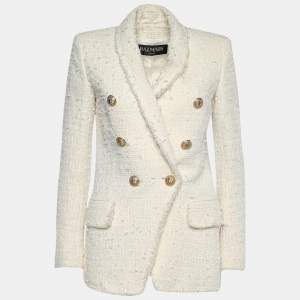 Pre Owned Balmain Ivory Tweed Double Breasted Blazer S