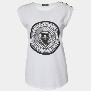 Pre Owned Balmain White Cotton Logo Printed Button Studded Sleeveless Top M