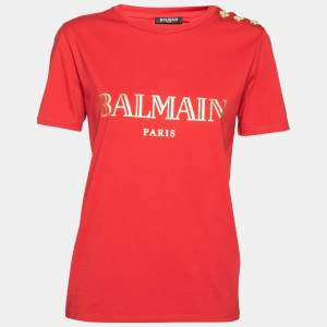Pre Owned Balmain Red Logo Printed Button Studded Crew Neck T-shirt M
