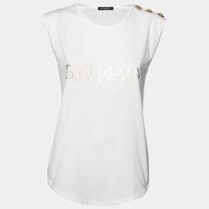 Pre Owned Balmain White Logo Printed Button Studded Sleeveless Top M