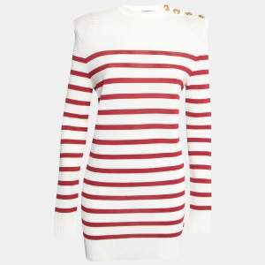 Pre Owned Balmain Ivory & Red Striped Knit Button Detail Long Sleeve Dress M