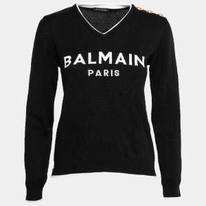 Pre Owned Balmain Black Intarsia Knit Zip Detail Long Sleeve Sweater XS