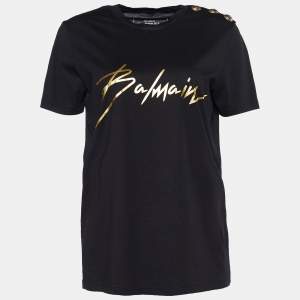 Pre Owned Balmain Black Jersey Logo Print Crew Neck T-Shirt M