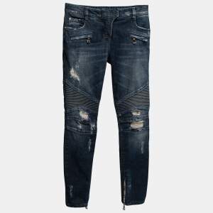 Balmain Blue Distressed Denim Skinny Biker Jeans S