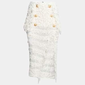 Pre Owned Balmain Ivory Fringed Lurex Knit Cotton Slit Detail Skirt S