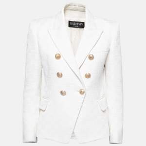 Pre Owned Balmain White Textured Knit Double Breasted Blazer M
