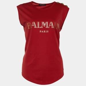 Pre Owned Balmain Red Logo Print Cotton Button Detail Sleeveless T-Shirt M