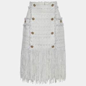 Pre Owned Balmain White Bouclé Tweed Fringed Skirt M