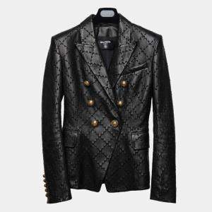 Pre Owned Balmain Threaded Leather Double Breasted Blazer S (FR 36)
