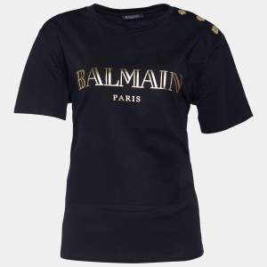 Pre Owned Balmain Black Cotton Jersey Crest Button Detail T-Shirt L