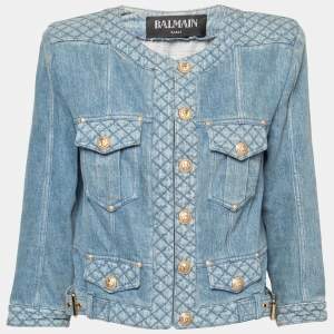 Pre Owned Balmain Iconic Blue Denim Quilted Gold Button Jacket L