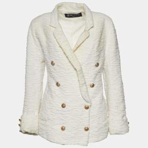 Pre Owned Balmain Ivory Cotton & Linen Tweed Double Breasted Blazer L
