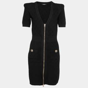 Pre Owned Balmain Black Intarsia Knit Zip Front Bodycon Dress S