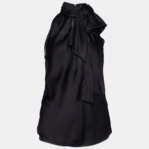 Pre Owned Balmain Black Silk Bow Detail Sleeveless Top M