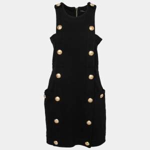 Pre Owned Balmain Black Button-Embellished Stretch-Knit Mini Dress L  