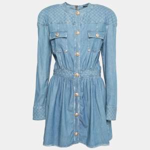 Pre Owned Balmain Blue Stonewashed Denim Quilted Dress L 