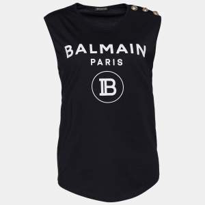 Pre Owned Balmain Black Logo Print Cotton Button Detail Tank Top M