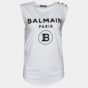 Pre Owned Balmain White Logo Print Cotton Button Detail Tank Top M